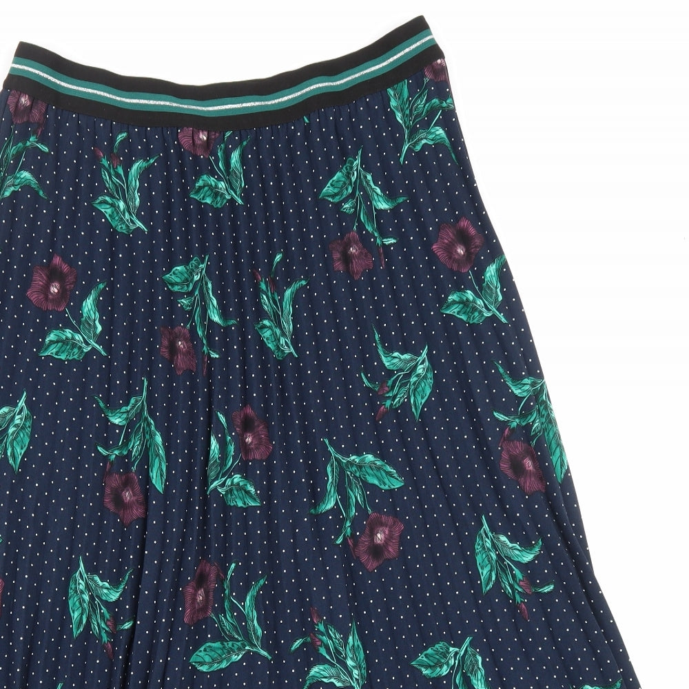Marks and Spencer Womens Blue Floral Polyester Pleated Skirt Size 14 Drawstring