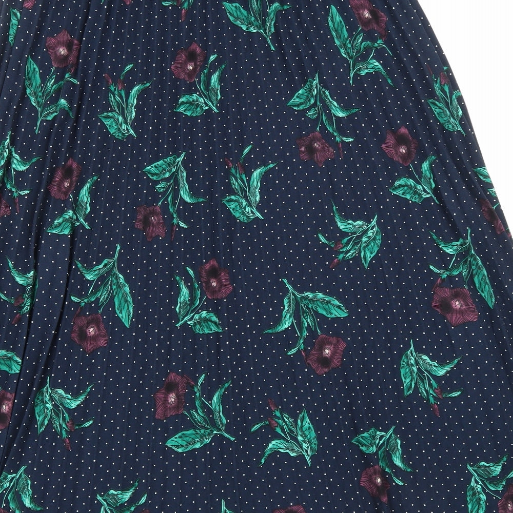 Marks and Spencer Womens Blue Floral Polyester Pleated Skirt Size 14 Drawstring