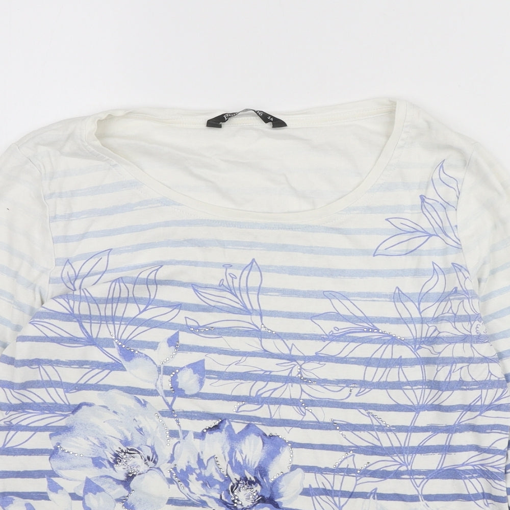 Bonmarché Womens Blue Striped Cotton Basic T-Shirt Size 14 Round Neck