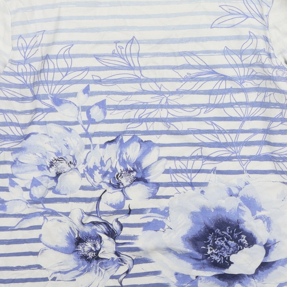 Bonmarché Womens Blue Striped Cotton Basic T-Shirt Size 14 Round Neck