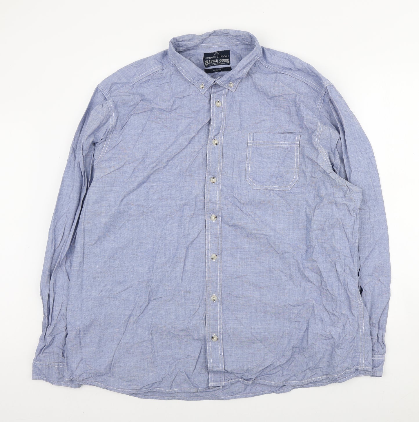 Angelo Litrico Mens Blue Cotton Button-Up Size 3XL Collared Button