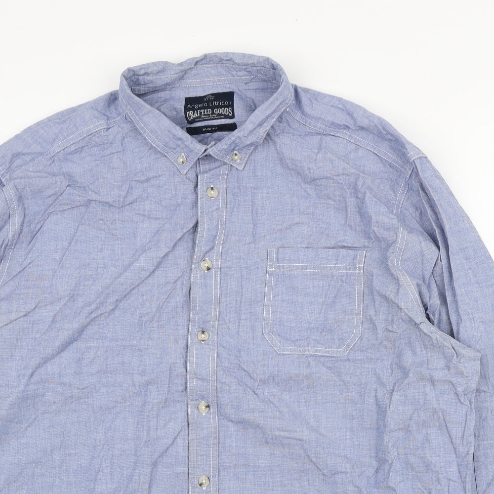 Angelo Litrico Mens Blue Cotton Button-Up Size 3XL Collared Button