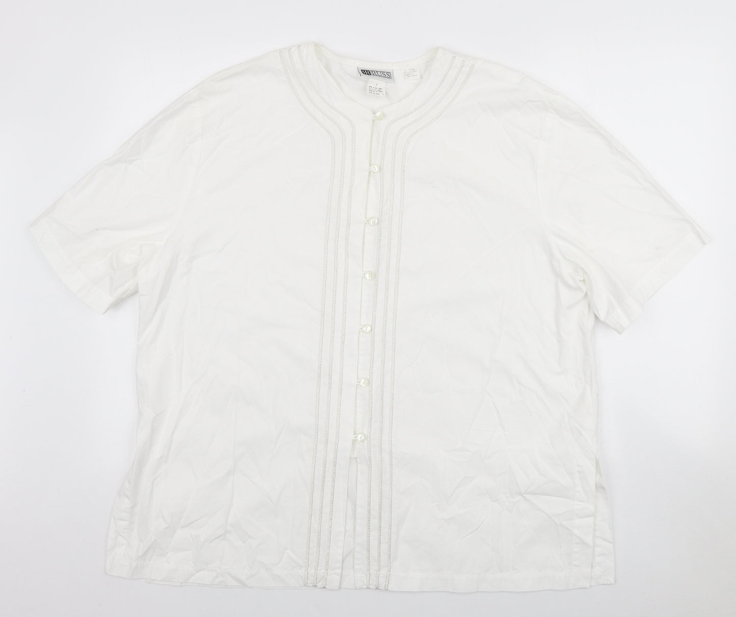 Russ Mens White Cotton Button-Up Size L Round Neck Button