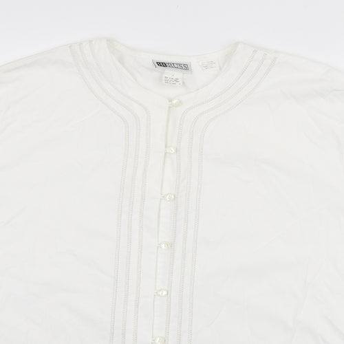 Russ Mens White Cotton Button-Up Size L Round Neck Button