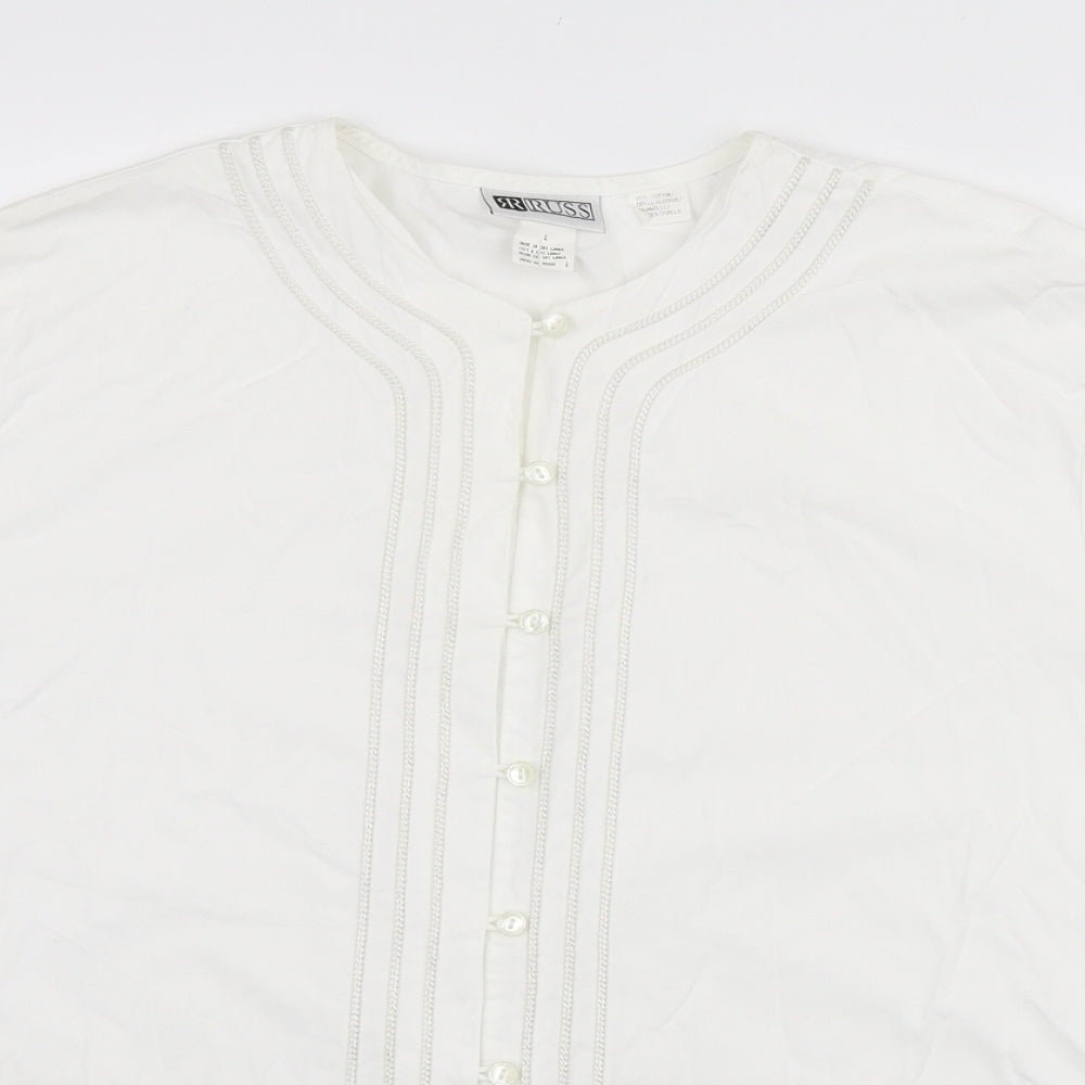 Russ Mens White Cotton Button-Up Size L Round Neck Button