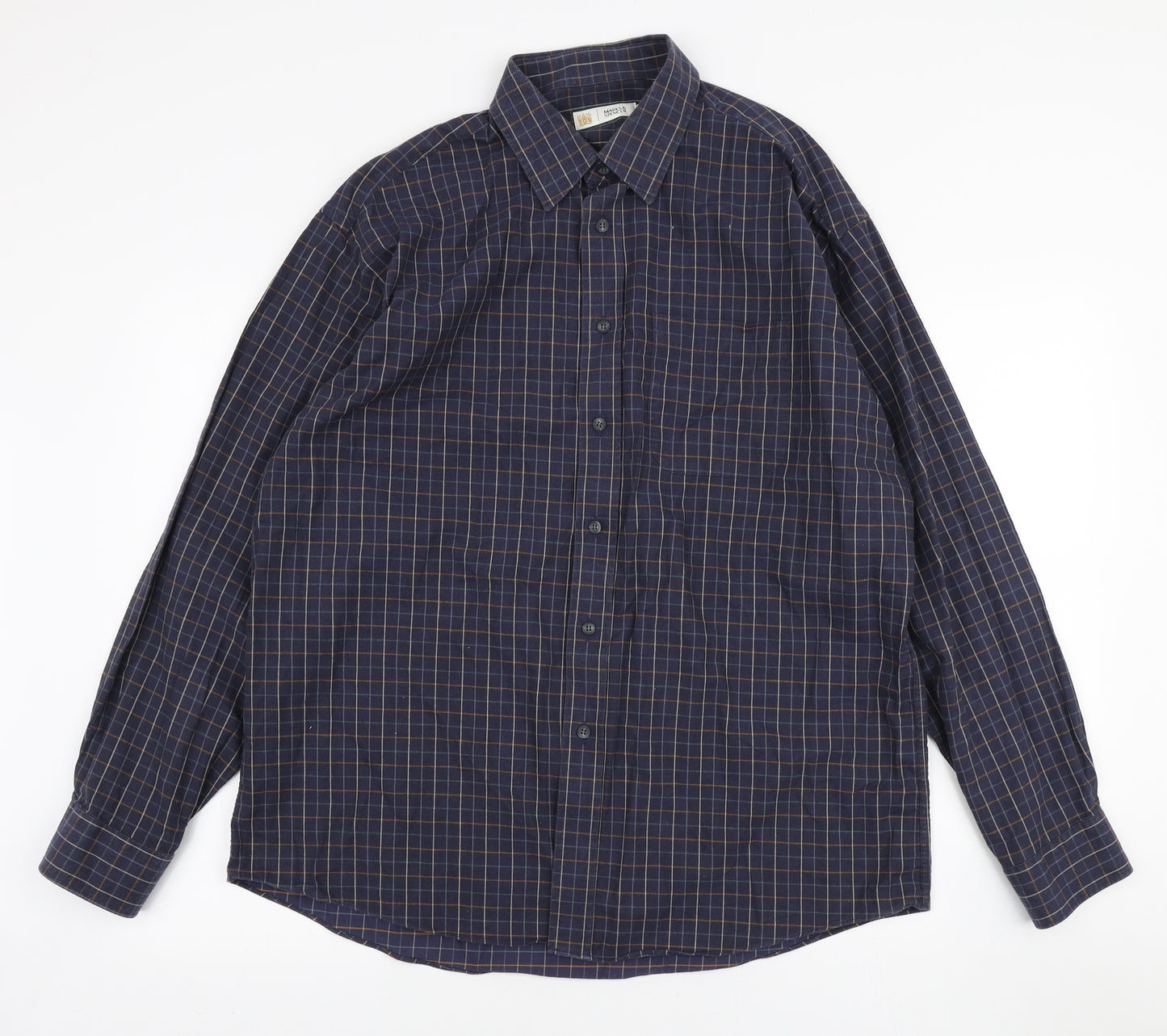 Marks and Spencer Mens Blue Check Cotton Button-Up Size 16.5 Collared Button - Collar 16.5
