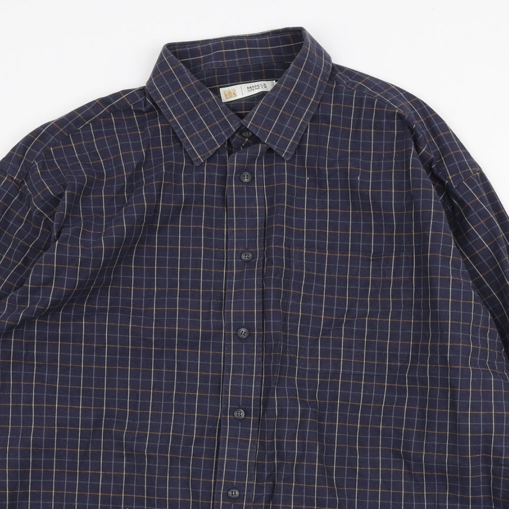 Marks and Spencer Mens Blue Check Cotton Button-Up Size 16.5 Collared Button - Collar 16.5