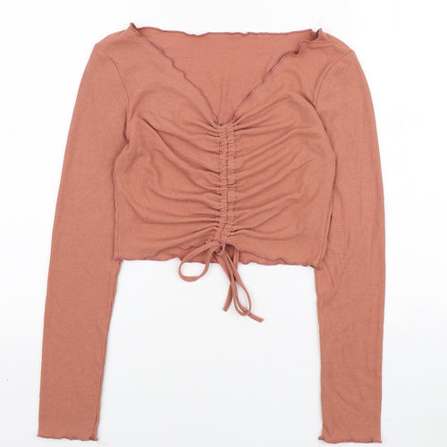SheIn Womens Brown Polyester Basic Blouse Size S V-Neck - Ruched front