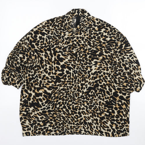 Zara Womens Brown Animal Print Polyester Basic Blouse Size S Mock Neck