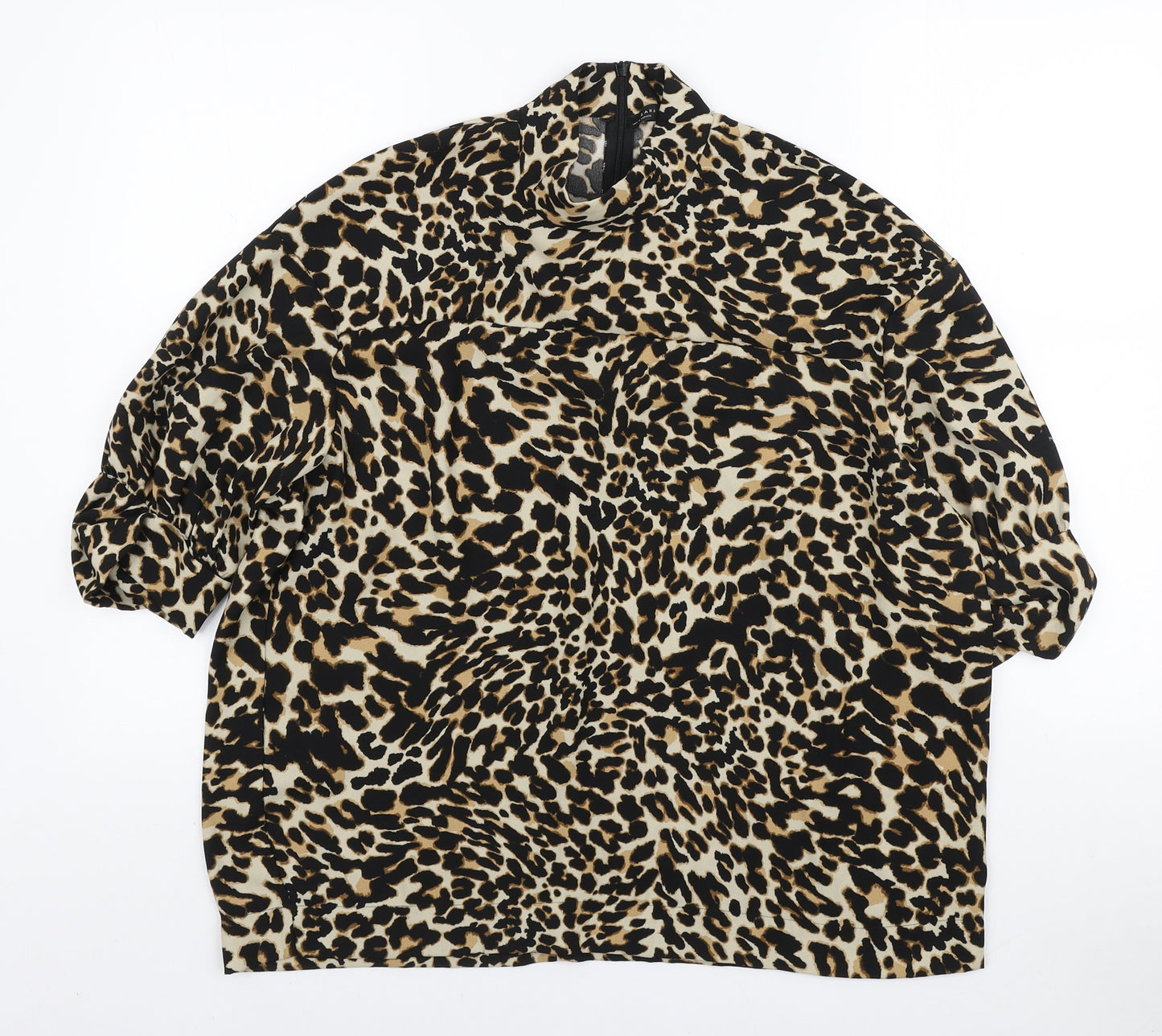 Zara Womens Brown Animal Print Polyester Basic Blouse Size S Mock Neck