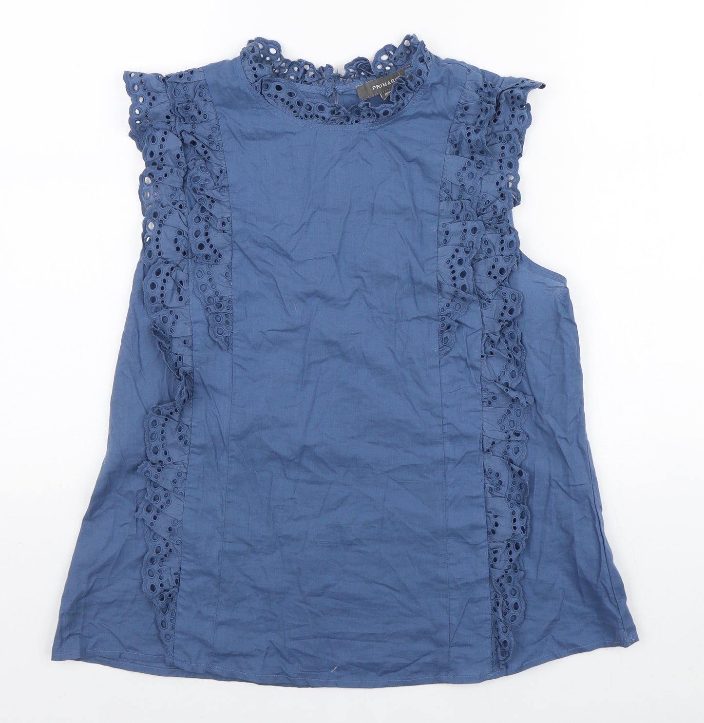 Primark Womens Blue Cotton Basic Blouse Size 14 Round Neck - Lace Trims