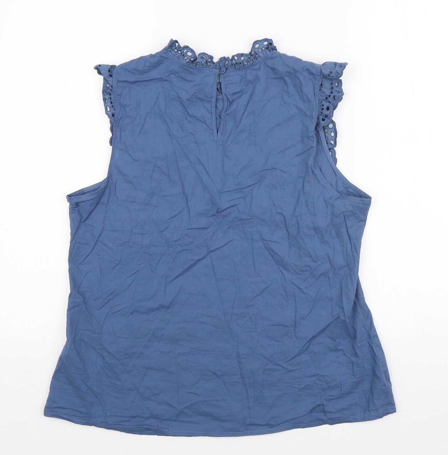 Primark Womens Blue Cotton Basic Blouse Size 14 Round Neck - Lace Trims