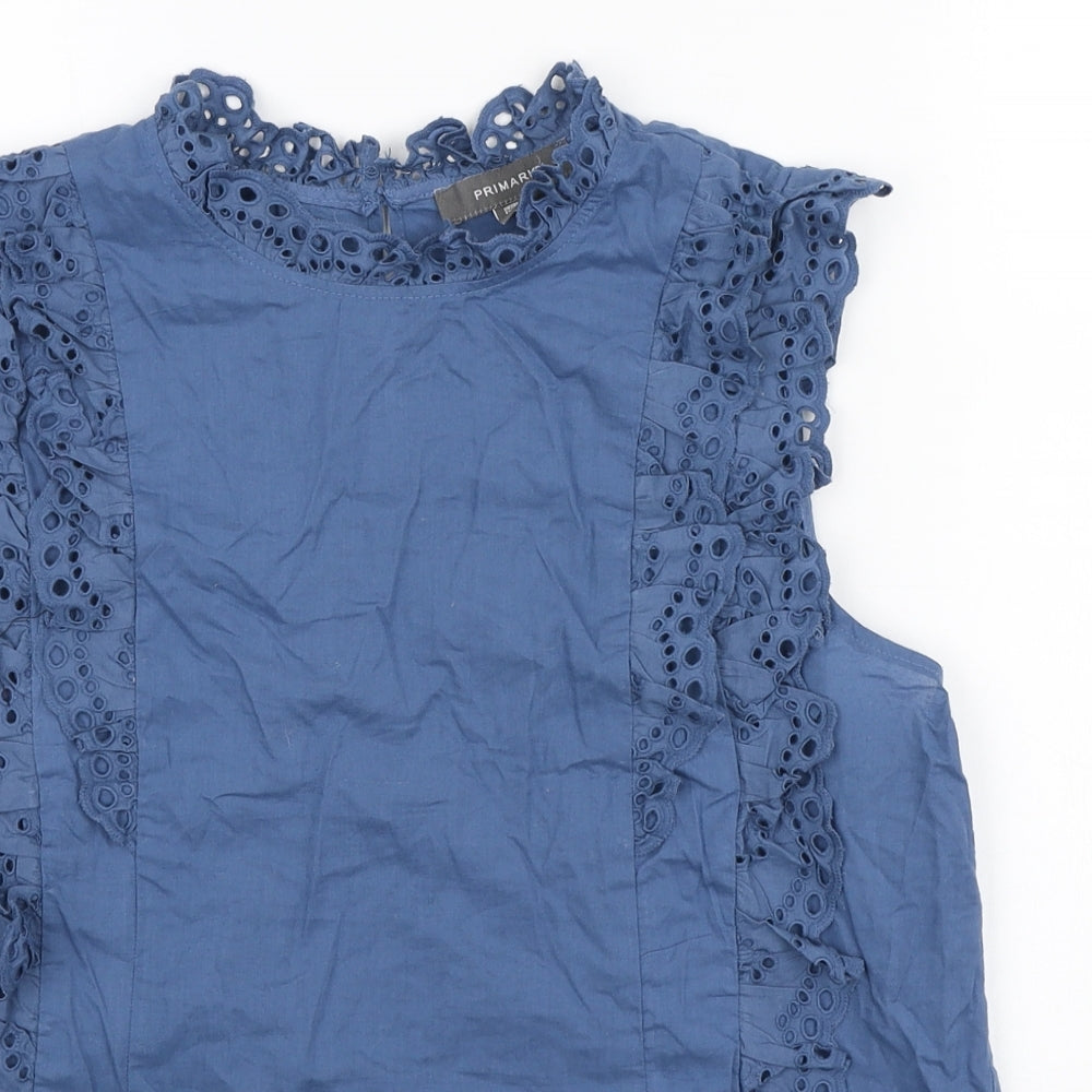 Primark Womens Blue Cotton Basic Blouse Size 14 Round Neck - Lace Trims