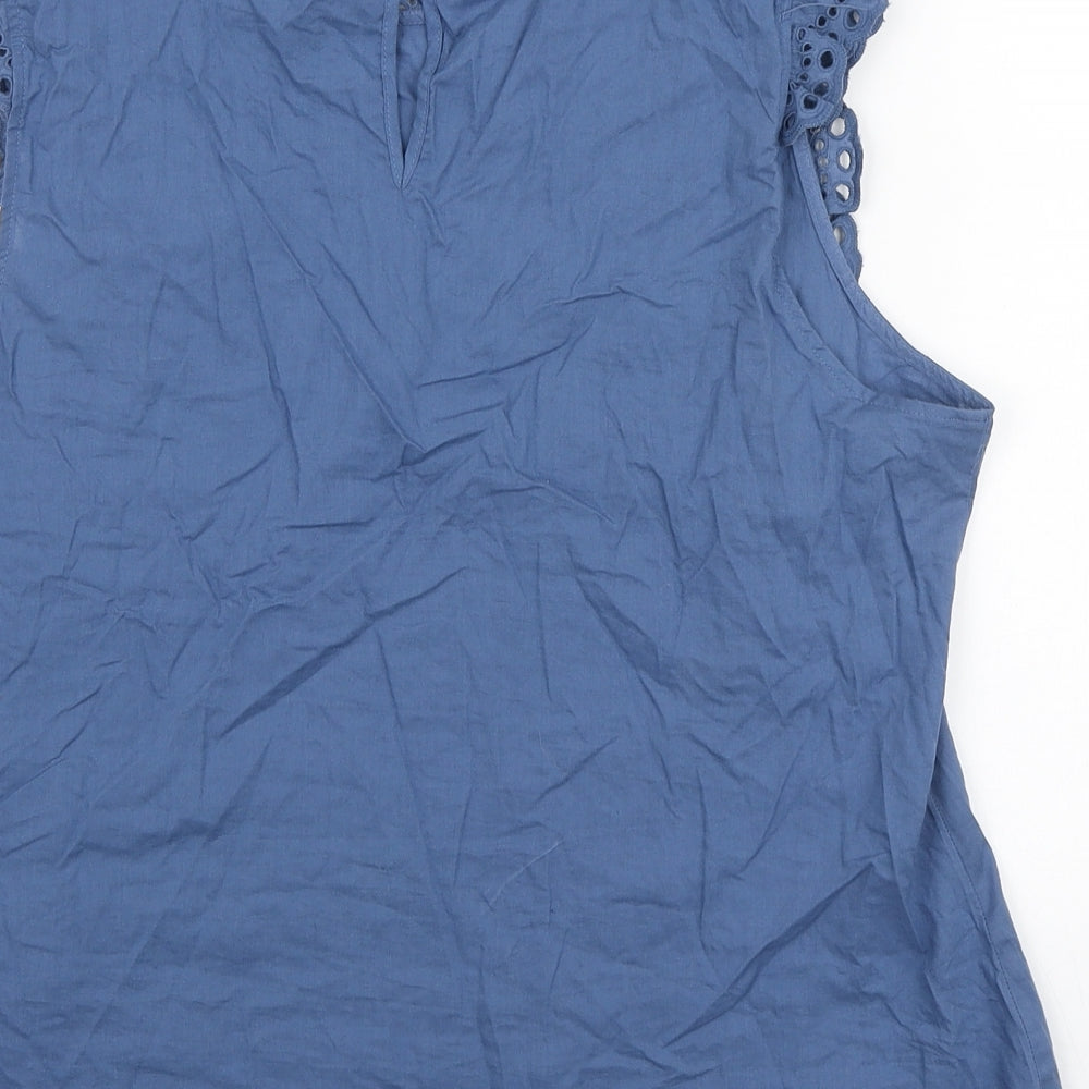 Primark Womens Blue Cotton Basic Blouse Size 14 Round Neck - Lace Trims