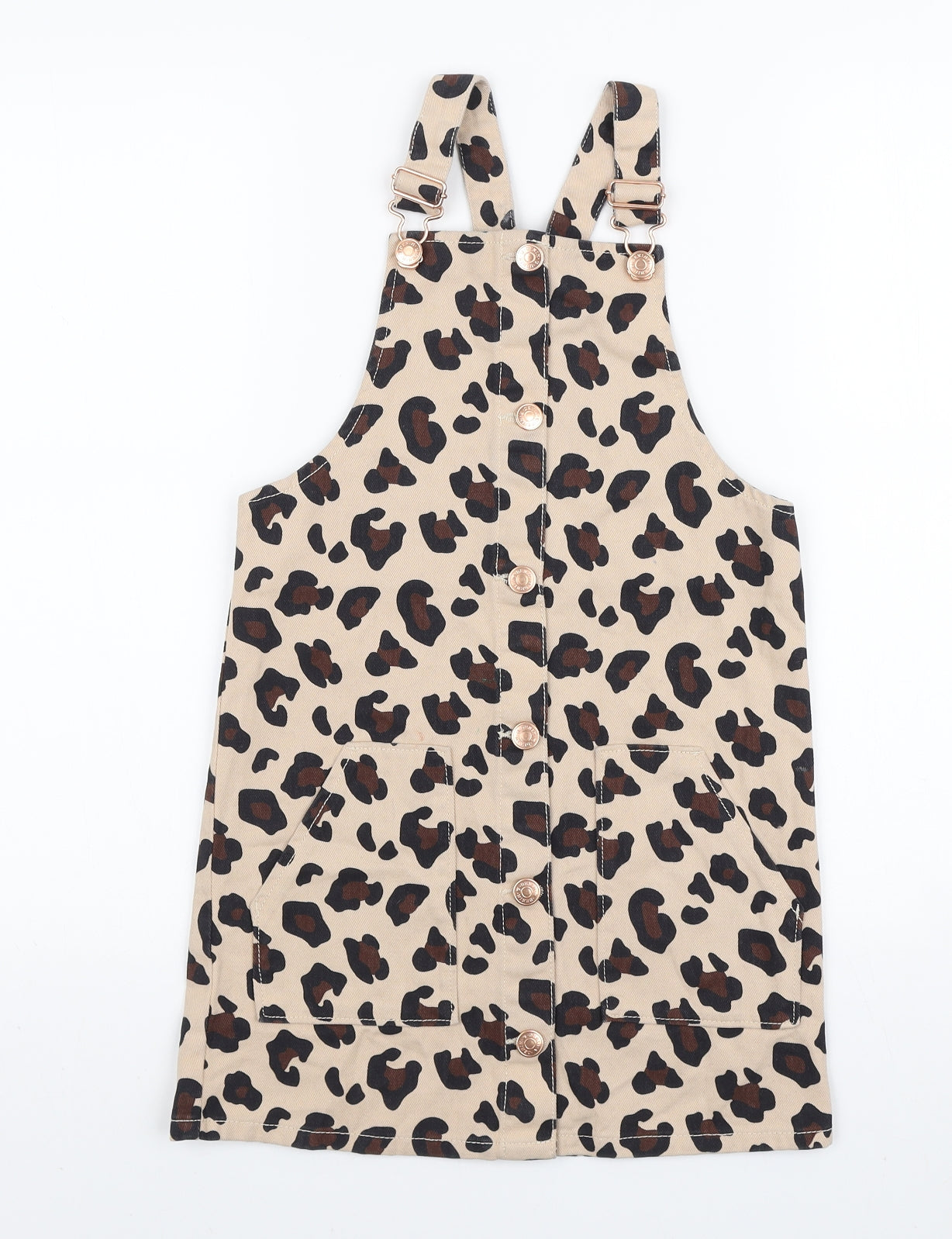 TU Girls Beige Animal Print Cotton Pinafore/Dungaree Dress Size 9 Years Square Neck Button