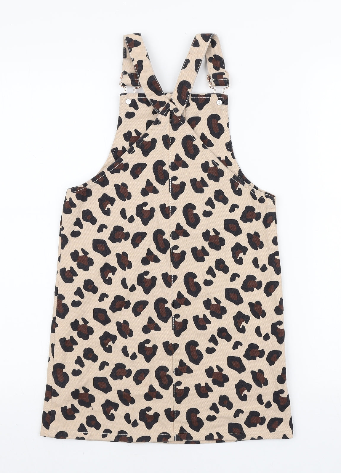 TU Girls Beige Animal Print Cotton Pinafore/Dungaree Dress Size 9 Years Square Neck Button