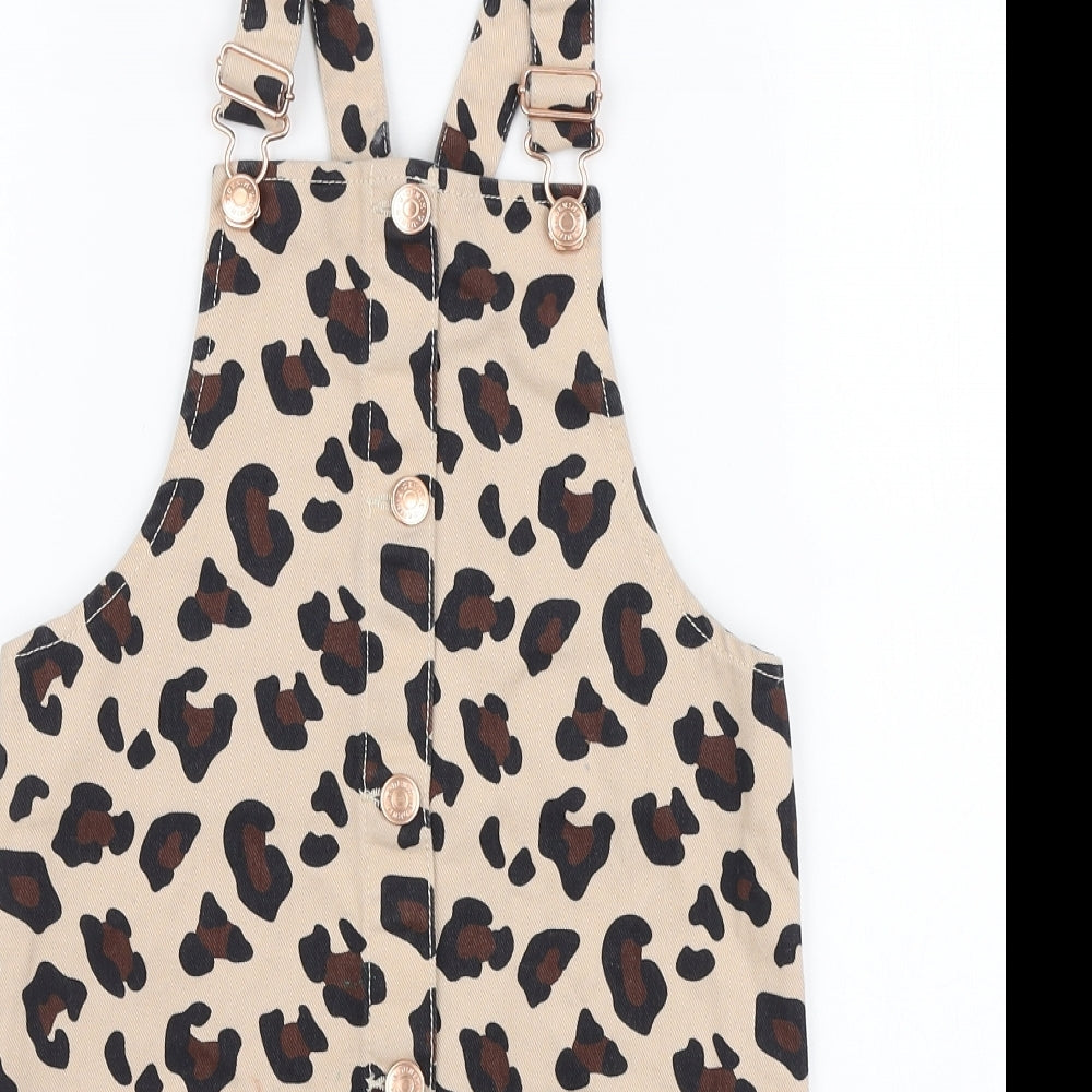TU Girls Beige Animal Print Cotton Pinafore/Dungaree Dress Size 9 Years Square Neck Button