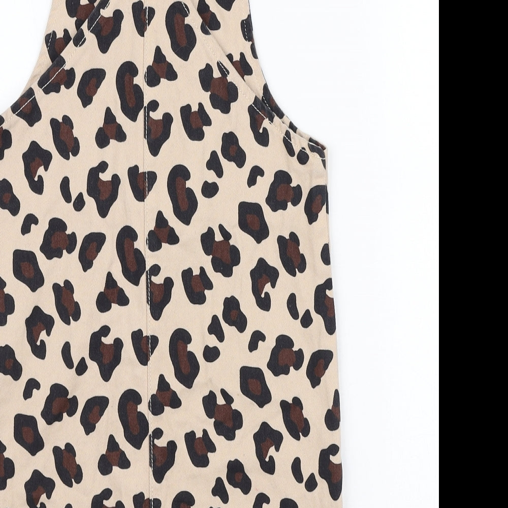 TU Girls Beige Animal Print Cotton Pinafore/Dungaree Dress Size 9 Years Square Neck Button