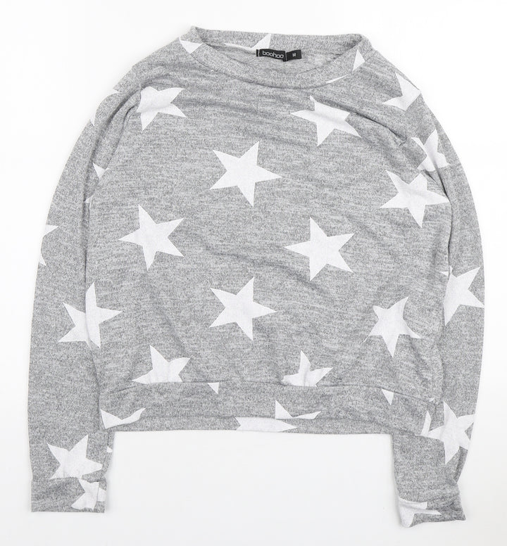 Boohoo Womens Grey Round Neck Geometric Polyester Pullover Jumper Size M