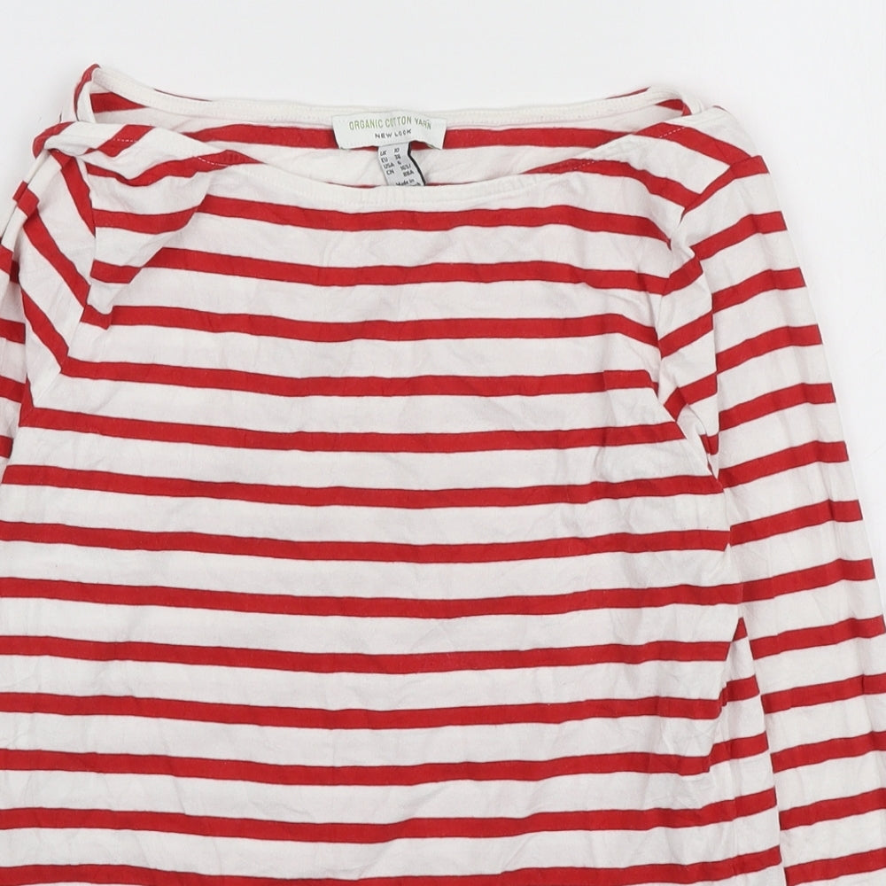 New Look Womens Red Striped Cotton Basic T-Shirt Size 10 Boat Neck