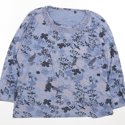EWM Womens Blue Floral Polyester Basic T-Shirt Size M Round Neck - Lace Neckline