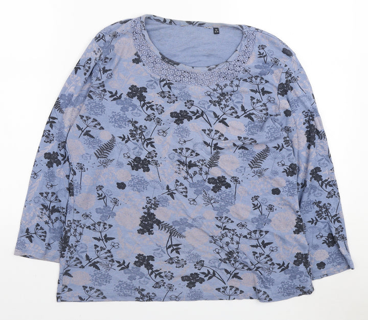 EWM Womens Blue Floral Polyester Basic T-Shirt Size M Round Neck - Lace Neckline
