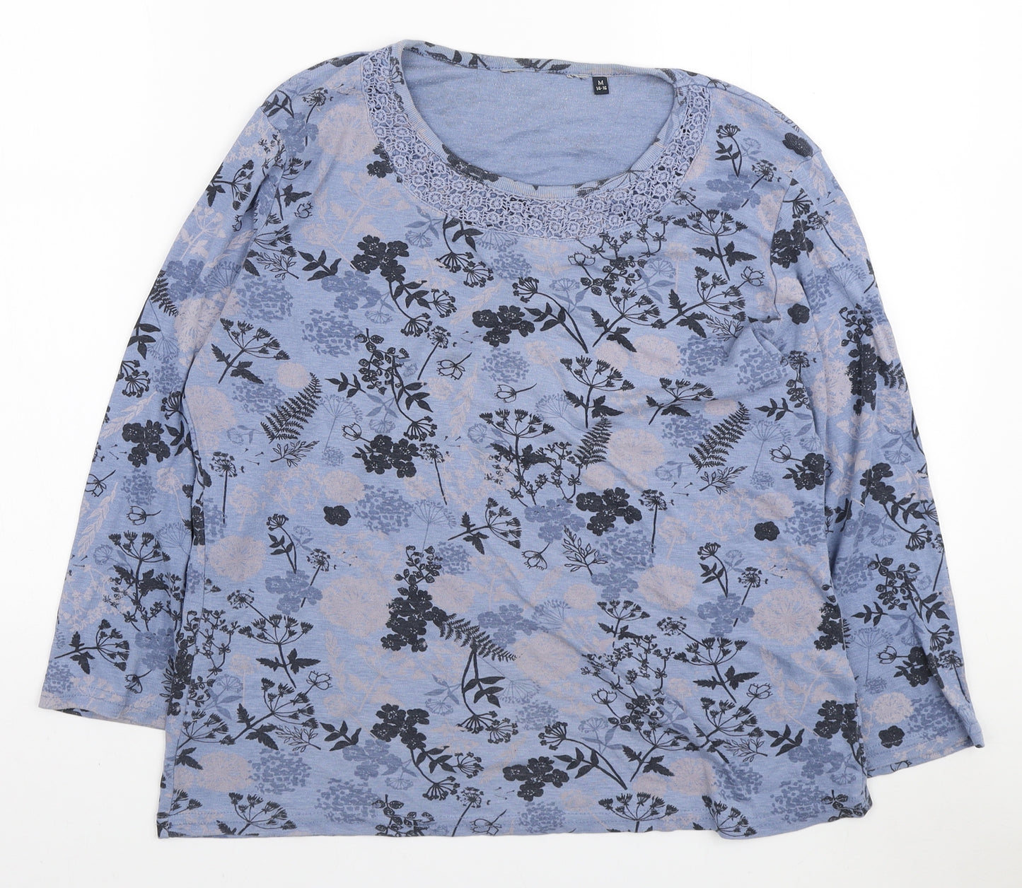 EWM Womens Blue Floral Polyester Basic T-Shirt Size M Round Neck - Lace Neckline