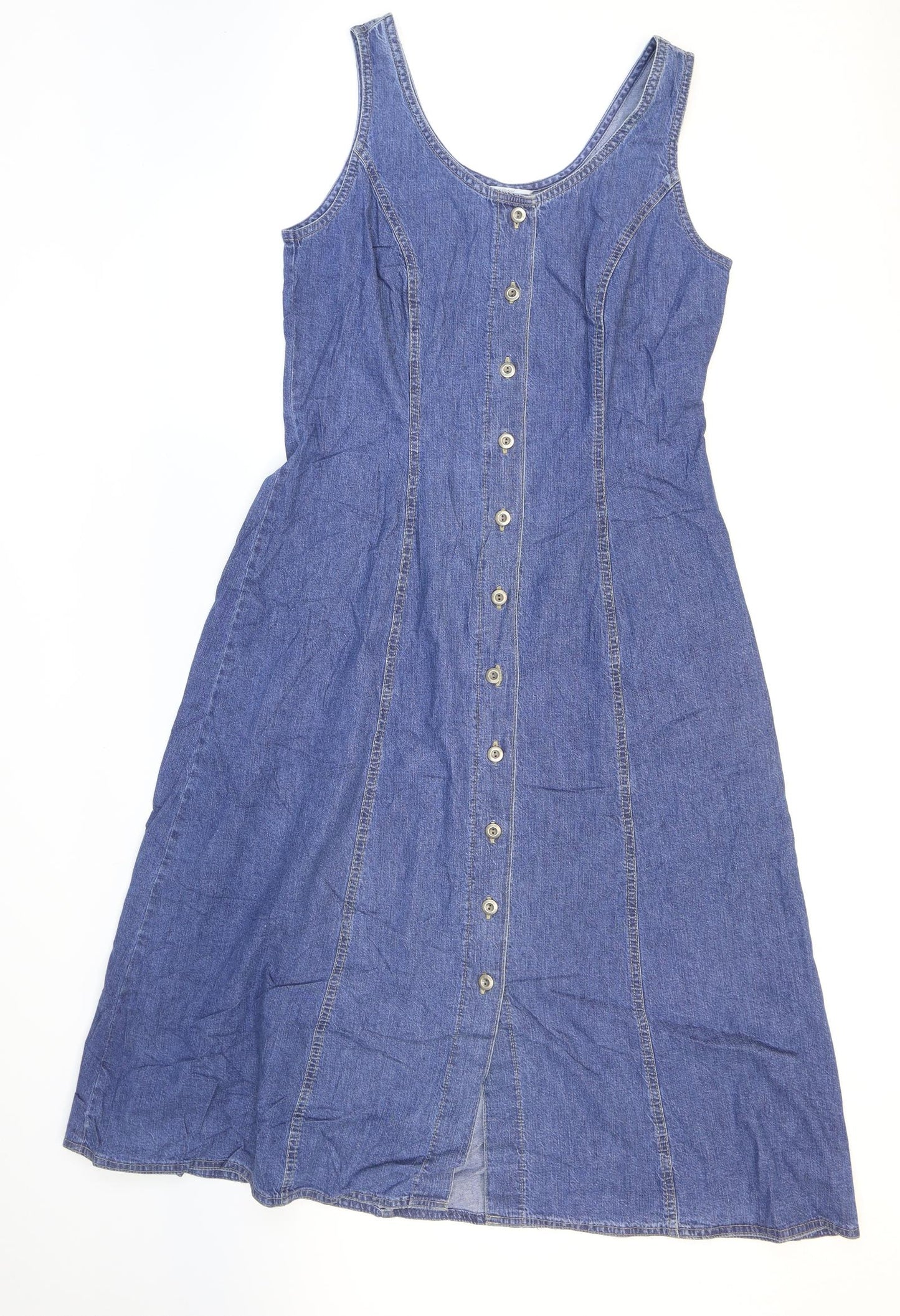Marks and Spencer Womens Blue 100% Cotton Fit & Flare Size 12 Scoop Neck Button - Fitted