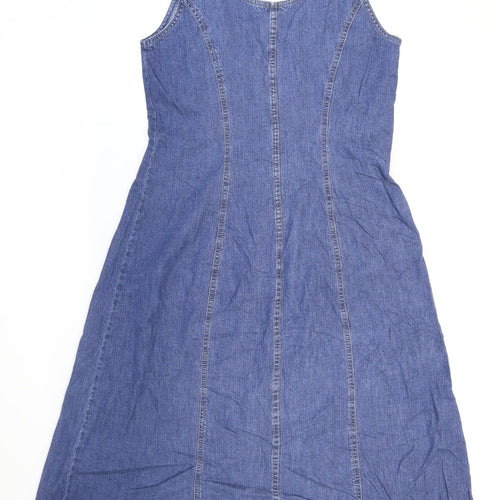Marks and Spencer Womens Blue 100% Cotton Fit & Flare Size 12 Scoop Neck Button - Fitted