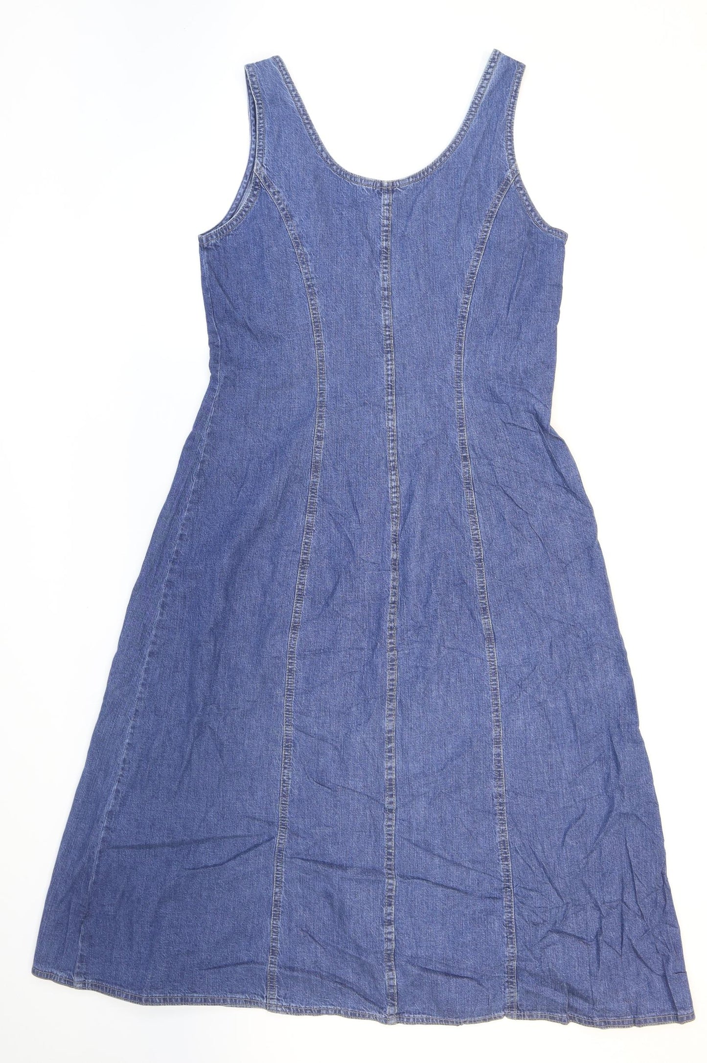Marks and Spencer Womens Blue 100% Cotton Fit & Flare Size 12 Scoop Neck Button - Fitted