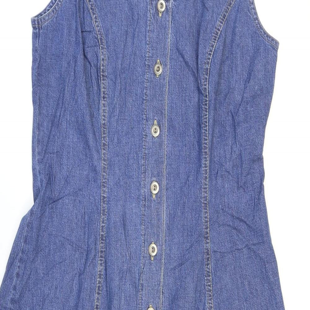 Marks and Spencer Womens Blue 100% Cotton Fit & Flare Size 12 Scoop Neck Button - Fitted