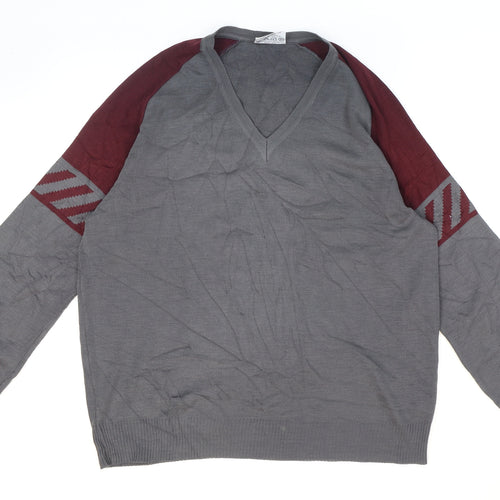 Pierre Sangan Mens Grey V-Neck Striped Acrylic Pullover Jumper Size M