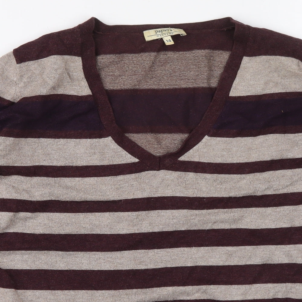 Papaya Womens Multicoloured V-Neck Striped Viscose Pullover Jumper Size 14