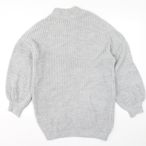 Quiz Womens Grey Acrylic Jumper Dress Size S Mock Neck Pullover - Ballooon sleeve