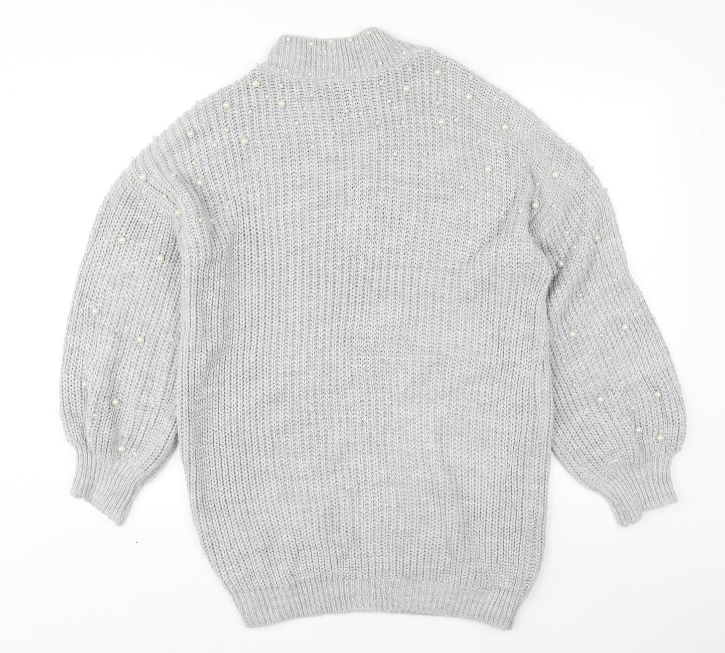 Quiz Womens Grey Acrylic Jumper Dress Size S Mock Neck Pullover - Ballooon sleeve