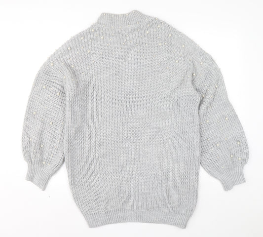 Quiz Womens Grey Acrylic Jumper Dress Size S Mock Neck Pullover - Ballooon sleeve