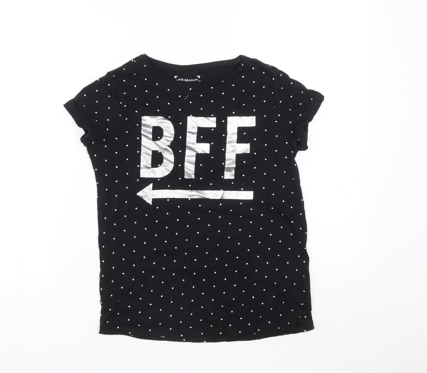 Primark Girls Black Polka Dot Cotton Basic T-Shirt Size 11-12 Years Round Neck Pullover - BFF