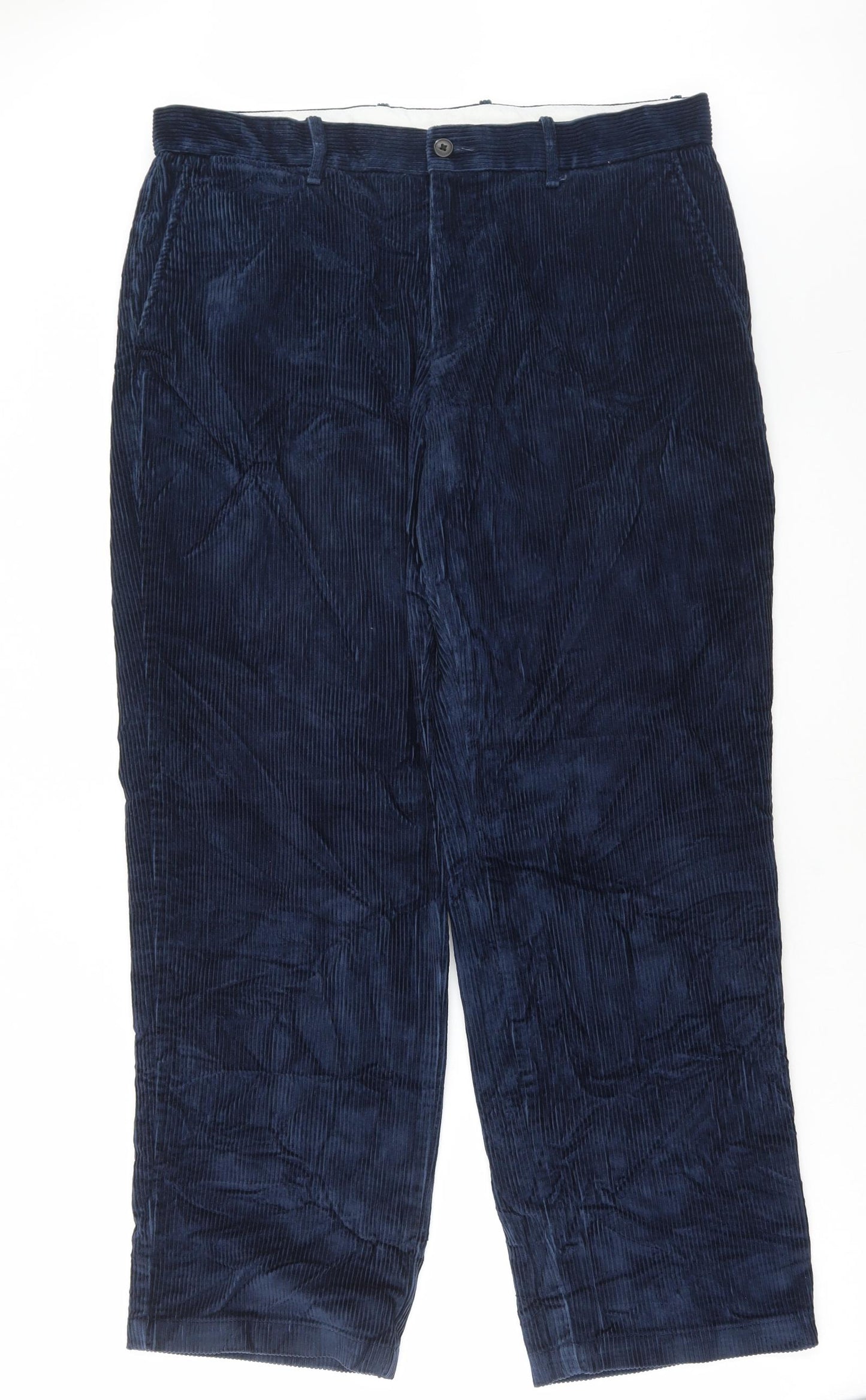 Marks and Spencer Mens Blue Cotton Trousers Size 36 in L31 in Regular Hook & Eye