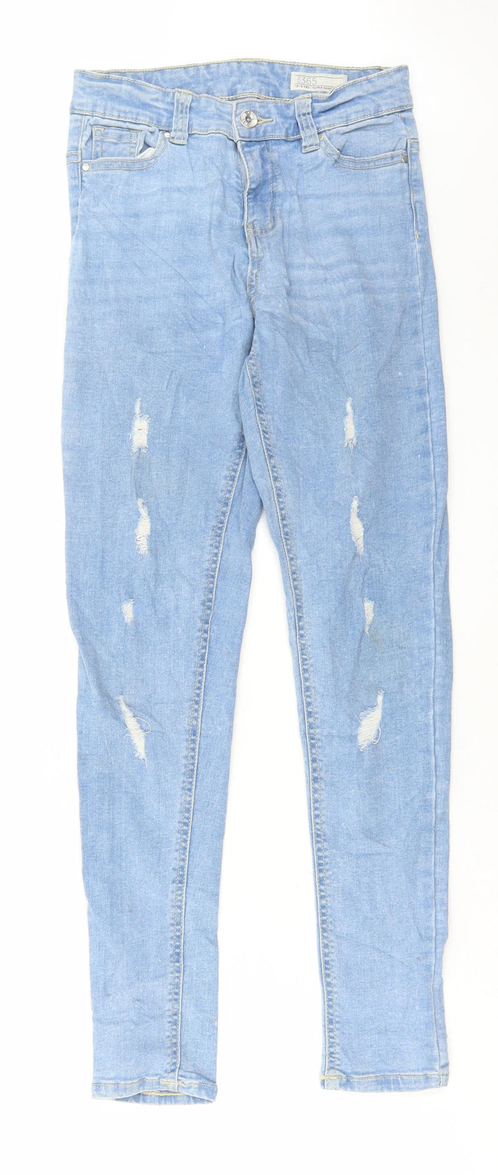 Denim 365 Girls Blue Cotton Skinny Jeans Size 13-14 Years Regular Button - Distressed Denim