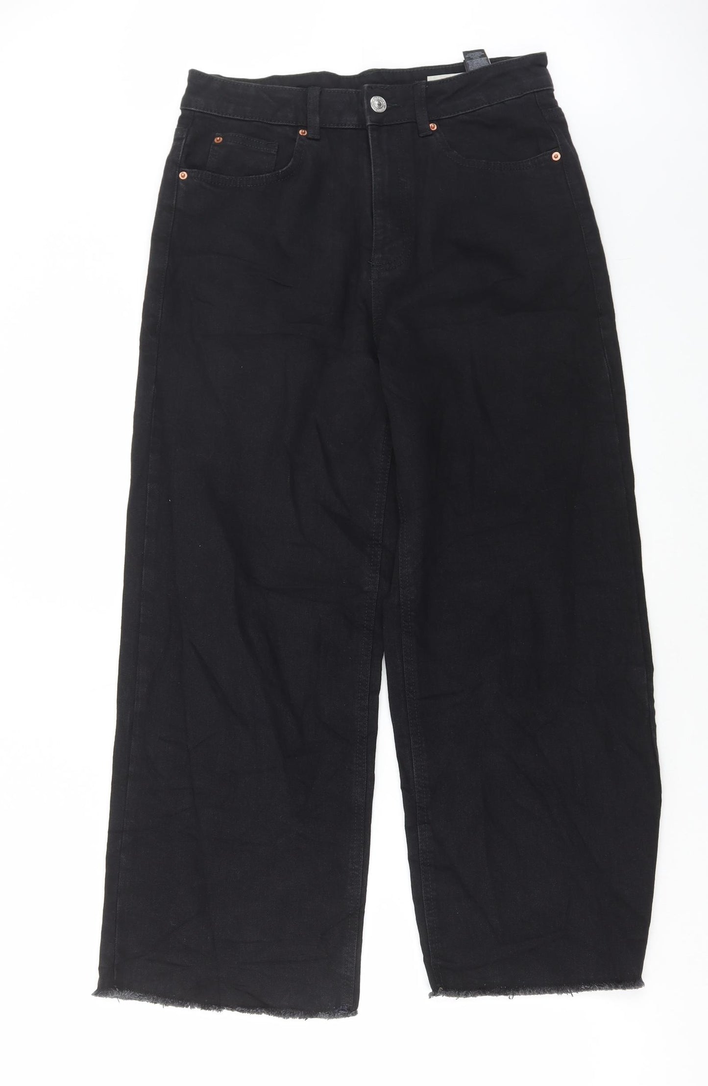 Marks and Spencer Womens Black Cotton Wide-Leg Jeans Size 12 L26 in Regular Button