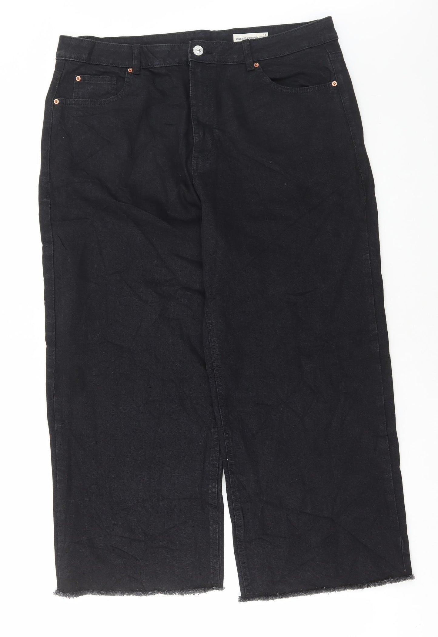 Marks and Spencer Womens Black Cotton Wide-Leg Jeans Size 18 L25 in Regular Button