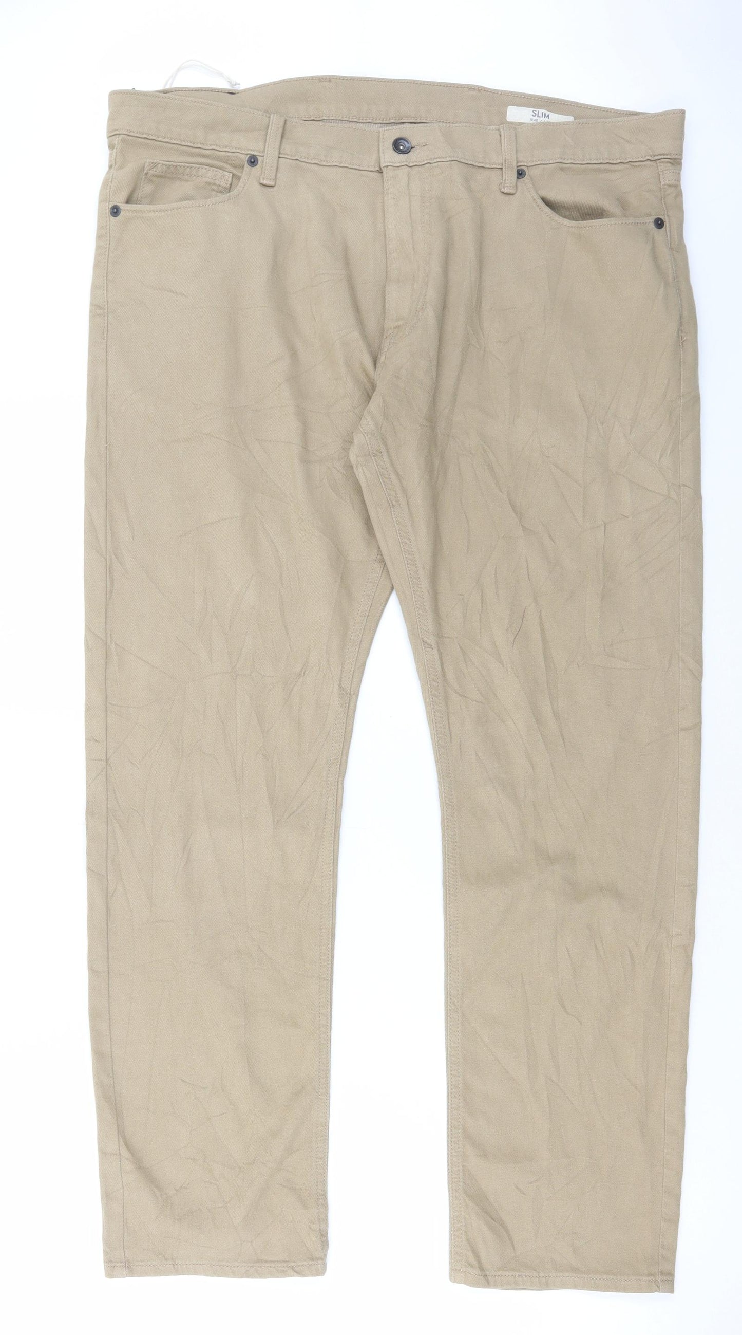 Marks and Spencer Mens Beige Cotton Chino Trousers Size 40 in L31 in Regular Button