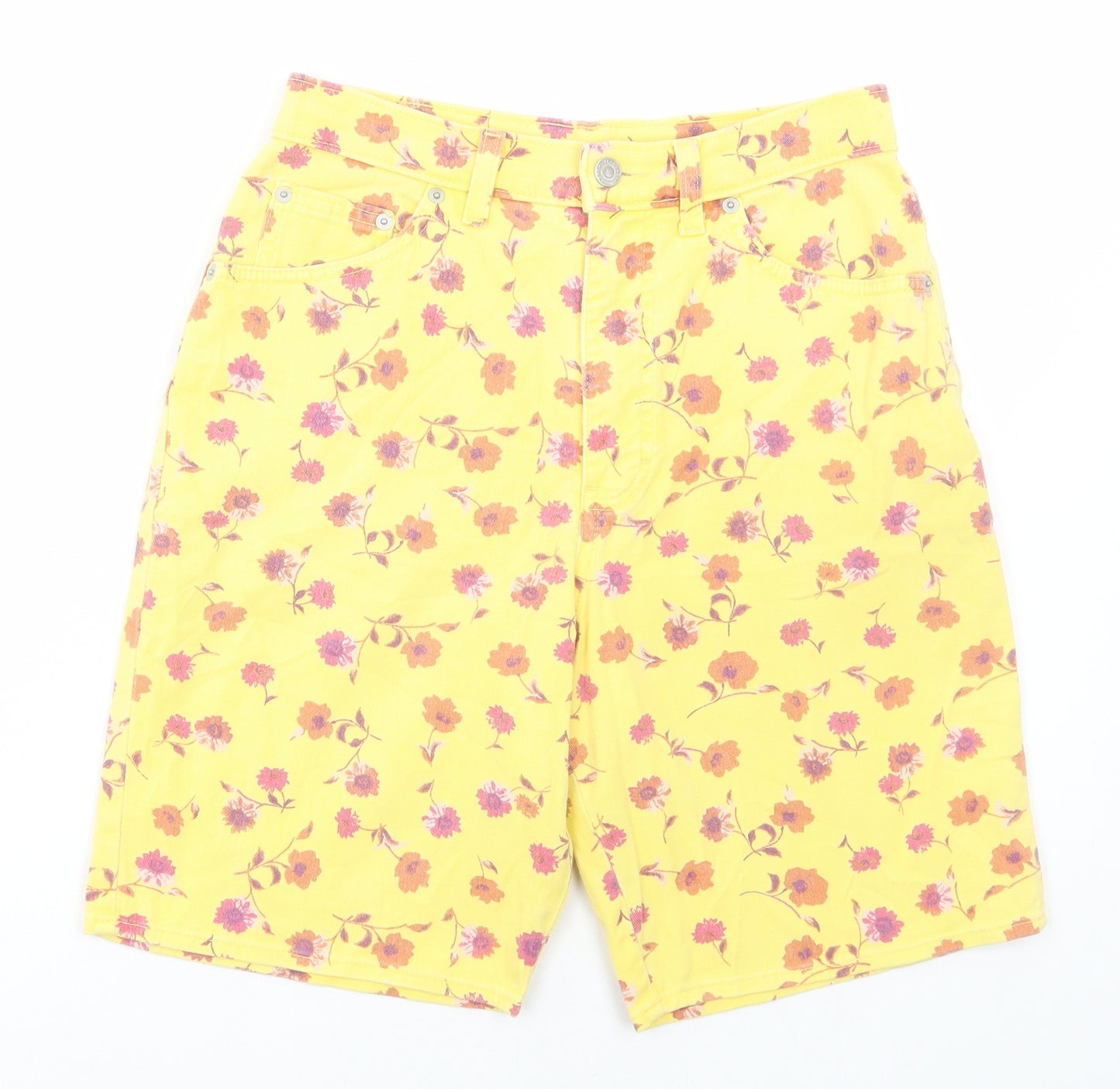 Marks and Spencer Womens Yellow Floral Cotton Bermuda Shorts Size 12 L8 in Regular Button