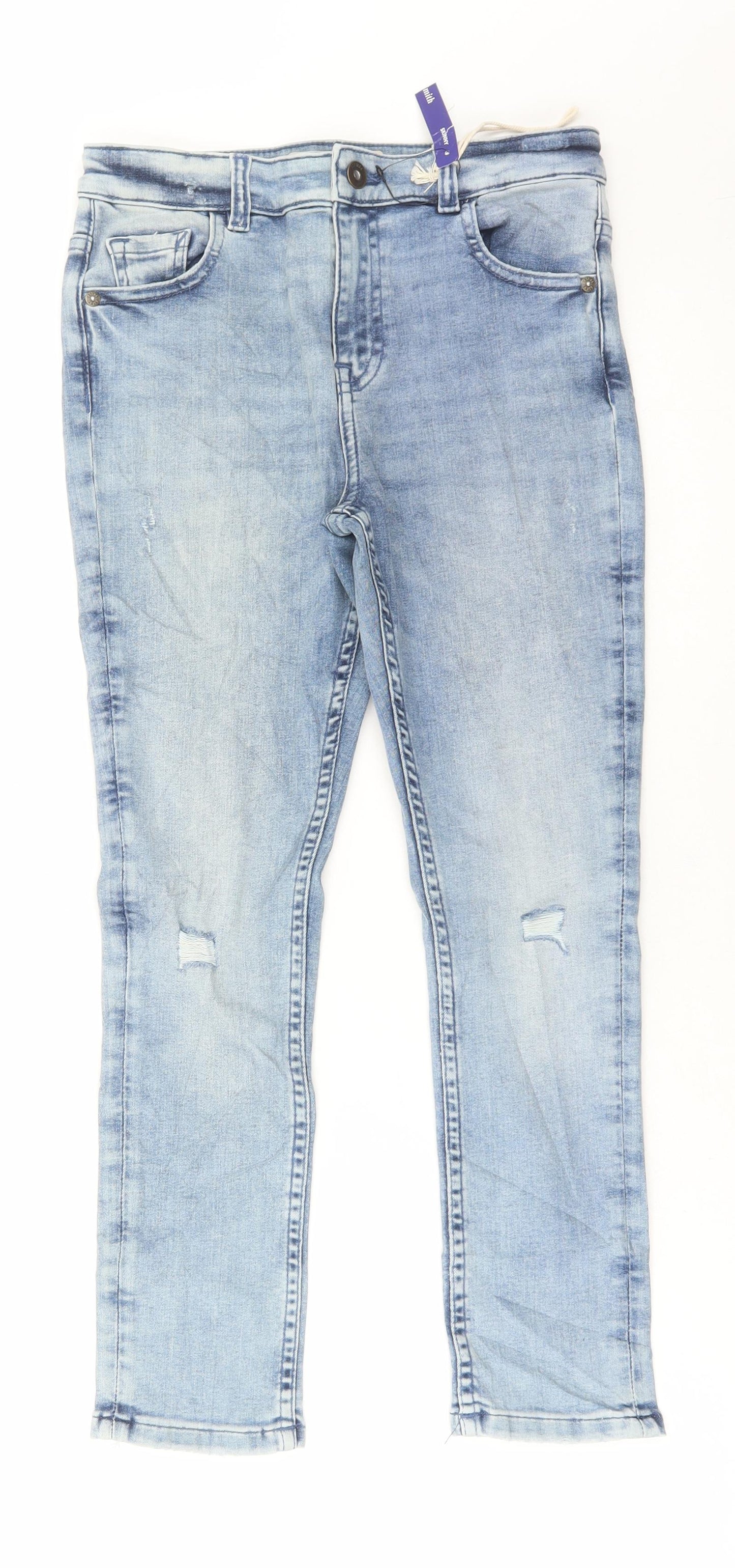 Marks and Spencer Girls Blue Cotton Skinny Jeans Size 9-10 Years Regular Button - Distressed Denim