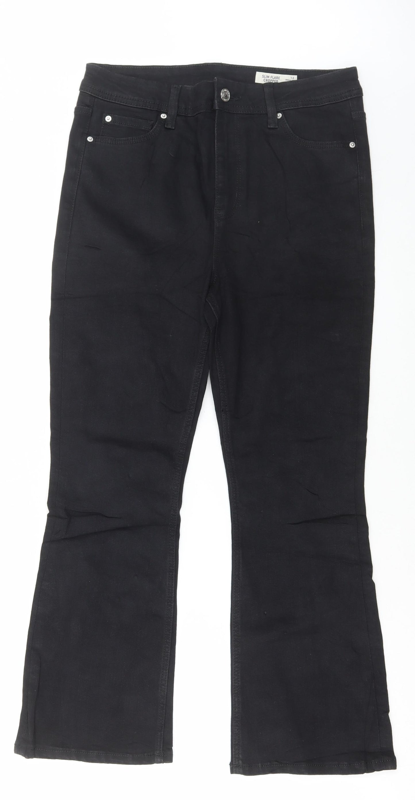 Marks and Spencer Womens Black Cotton Flared Jeans Size 12 L26 in Regular Button - Cropped