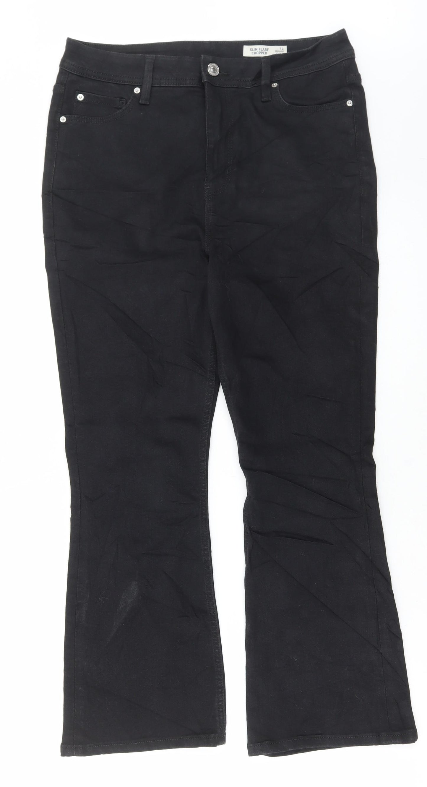 Marks and Spencer Womens Black Cotton Flared Jeans Size 12 L26 in Regular Button