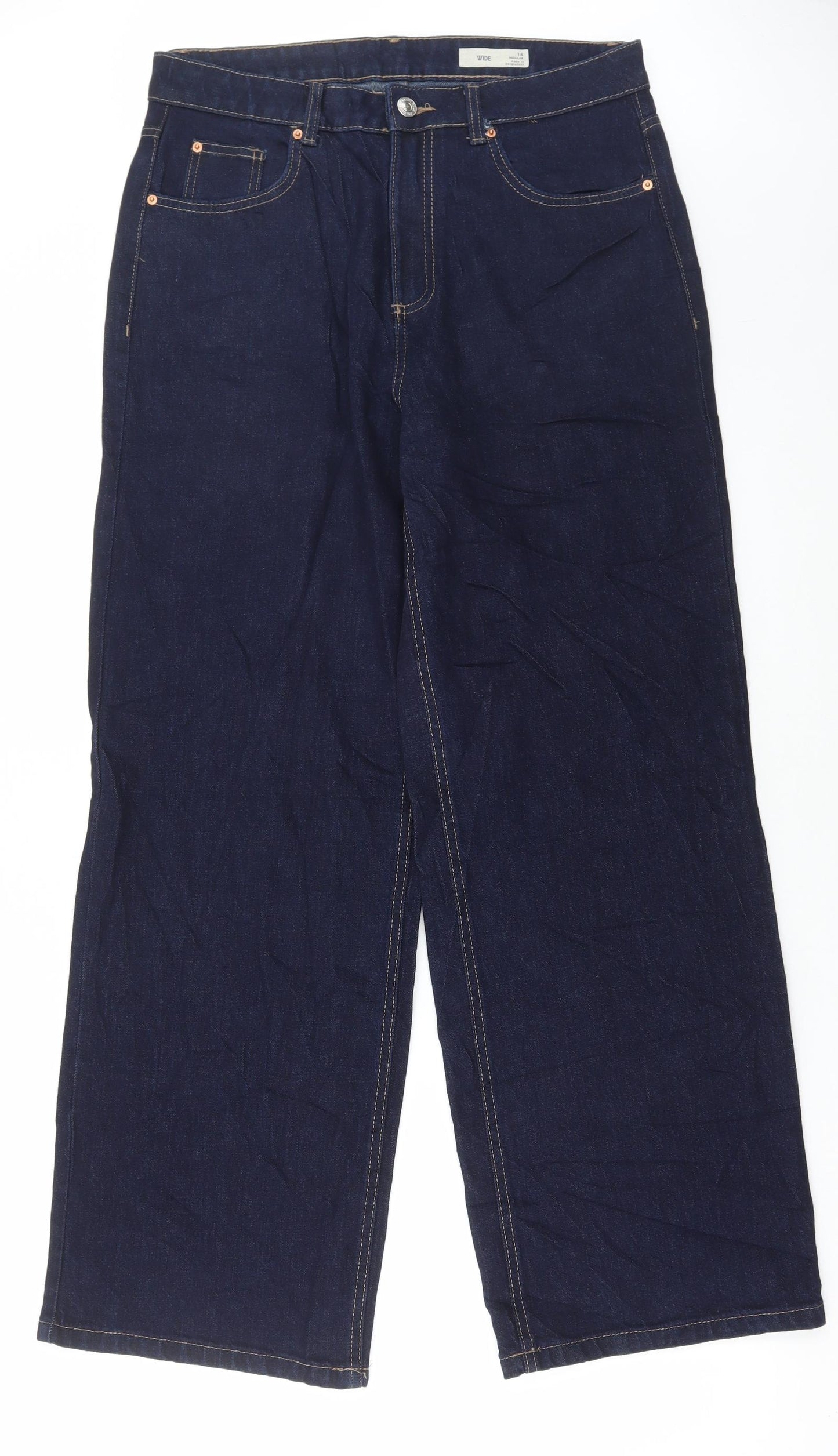 Marks and Spencer Womens Blue Cotton Wide-Leg Jeans Size 14 L31 in Regular Button