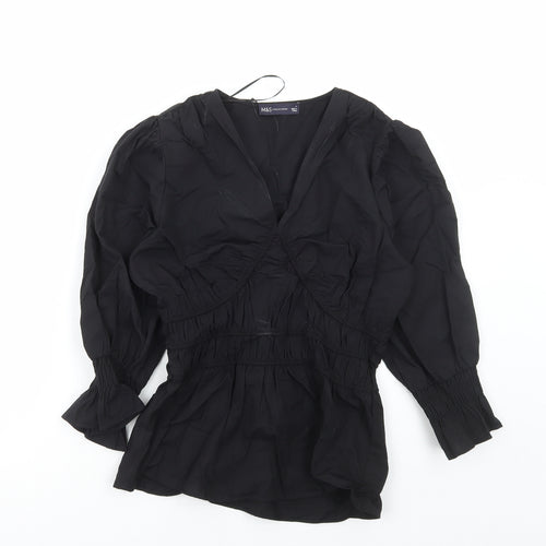 Marks and Spencer Womens Black Cotton Basic Blouse Size 8 V-Neck
