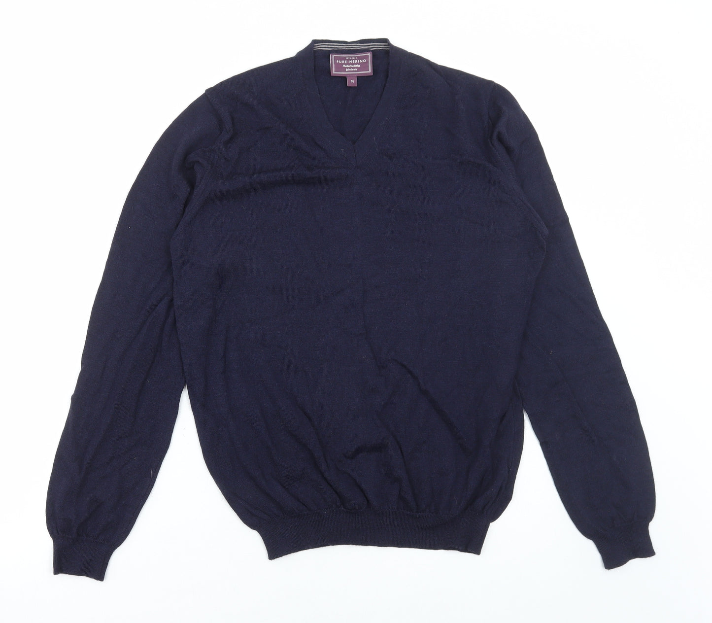 John Lewis Mens Blue V-Neck Wool Pullover Jumper Size M