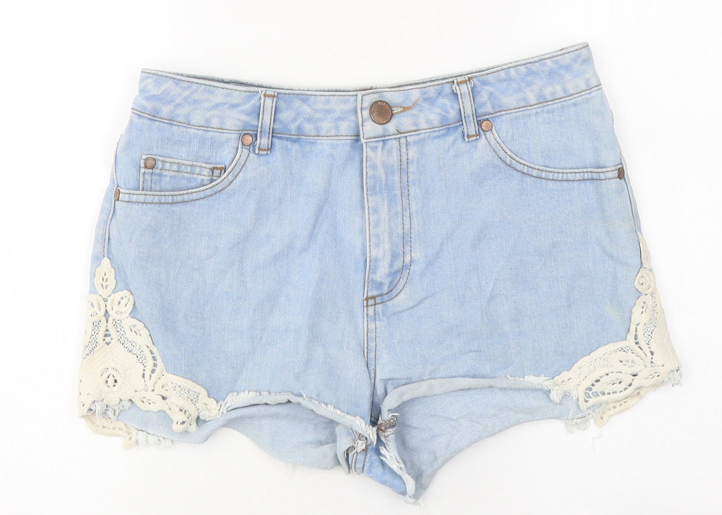 Miss Selfridge Womens Blue 100% Cotton Hot Pants Shorts Size 12 L9 in Regular Zip - Lace Detail